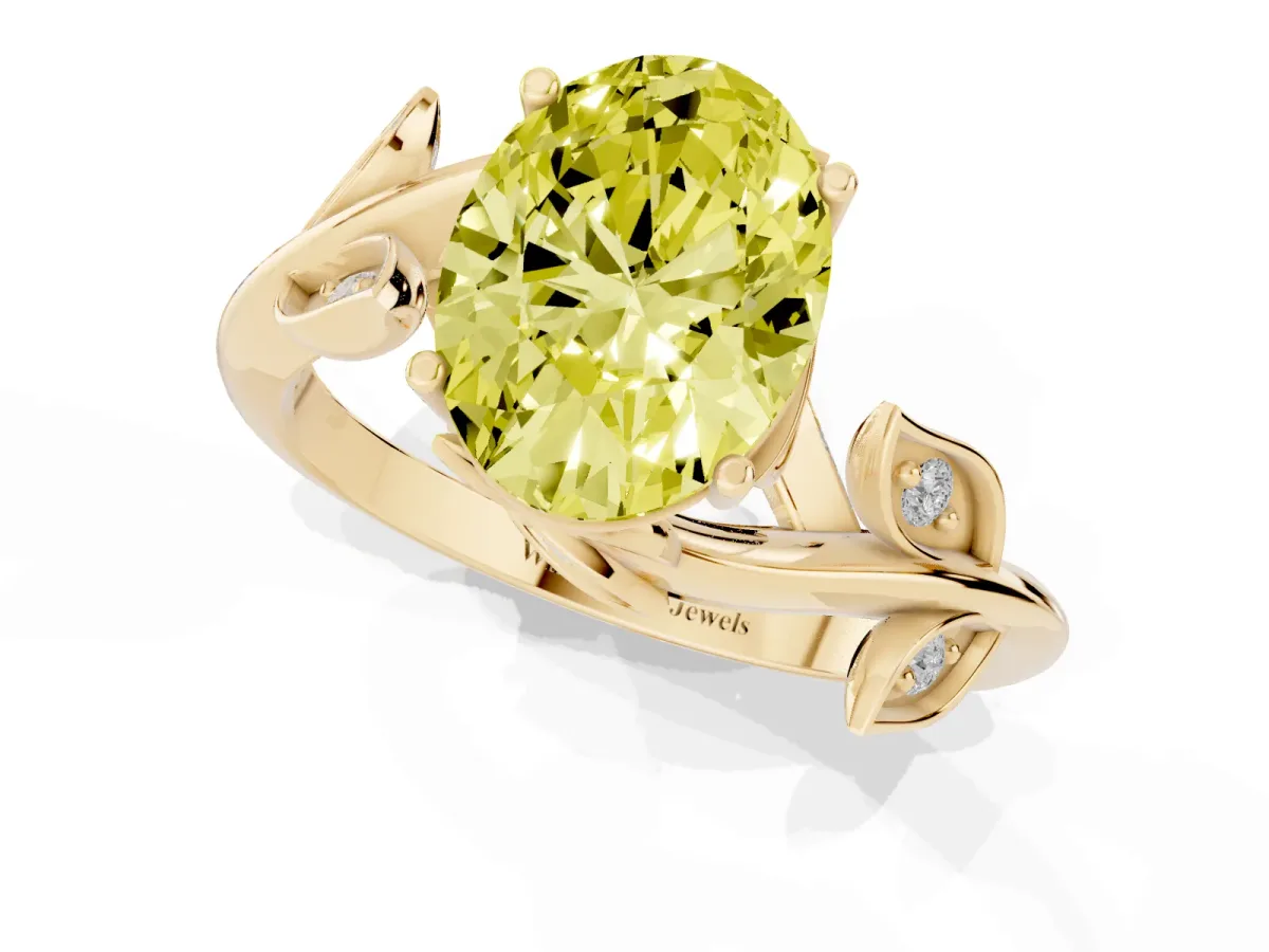Fancy Yellow Oval Cut Solitaire Twist Engagement Ring with Leaf Accents and Prong Setting Yellow gold