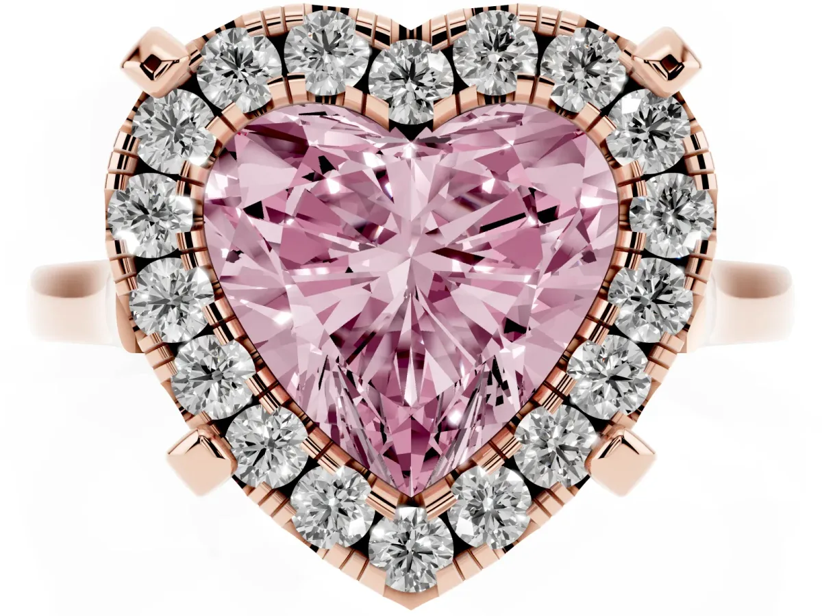Fancy Pink Heart Cut Diamond Cluster Halo Solitaire with Four-Prong Setting Rose gold