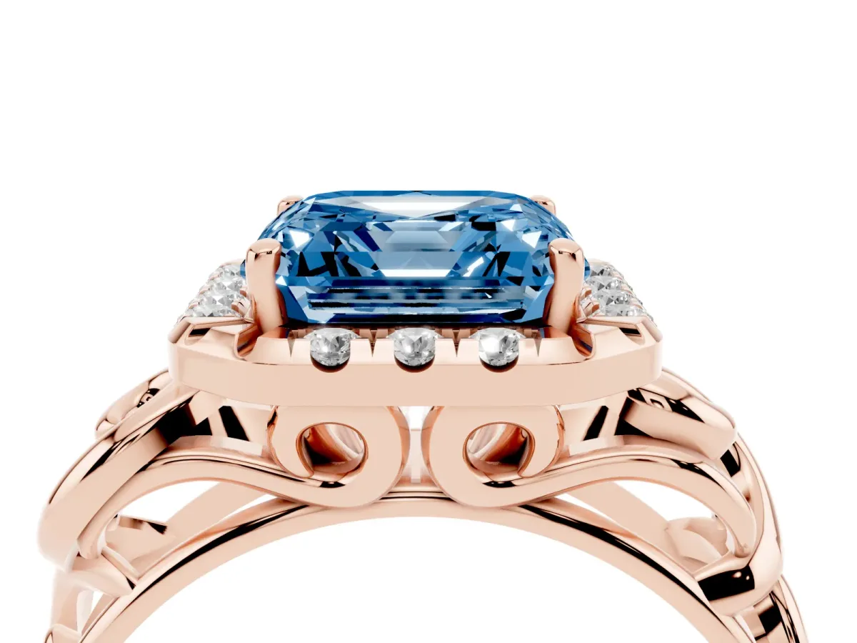 Fancy Blue Asscher Cut Cut Halo Diamond Ring with Scrollwork Band and Four-Prong Setting Rose gold