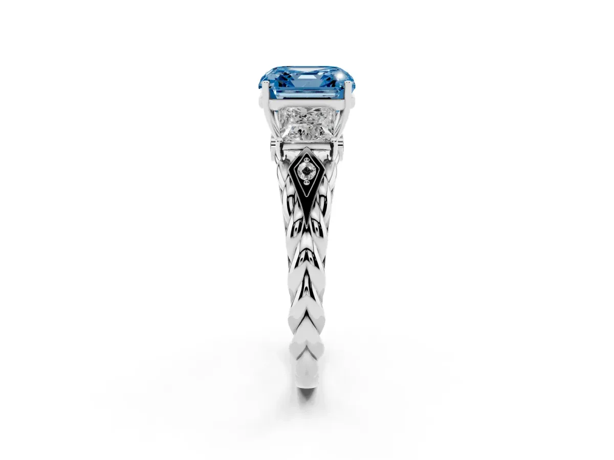 Fancy Blue Three-Stone Asscher Cut Diamond Braided Band Ring with Four-Prong Setting Platinum