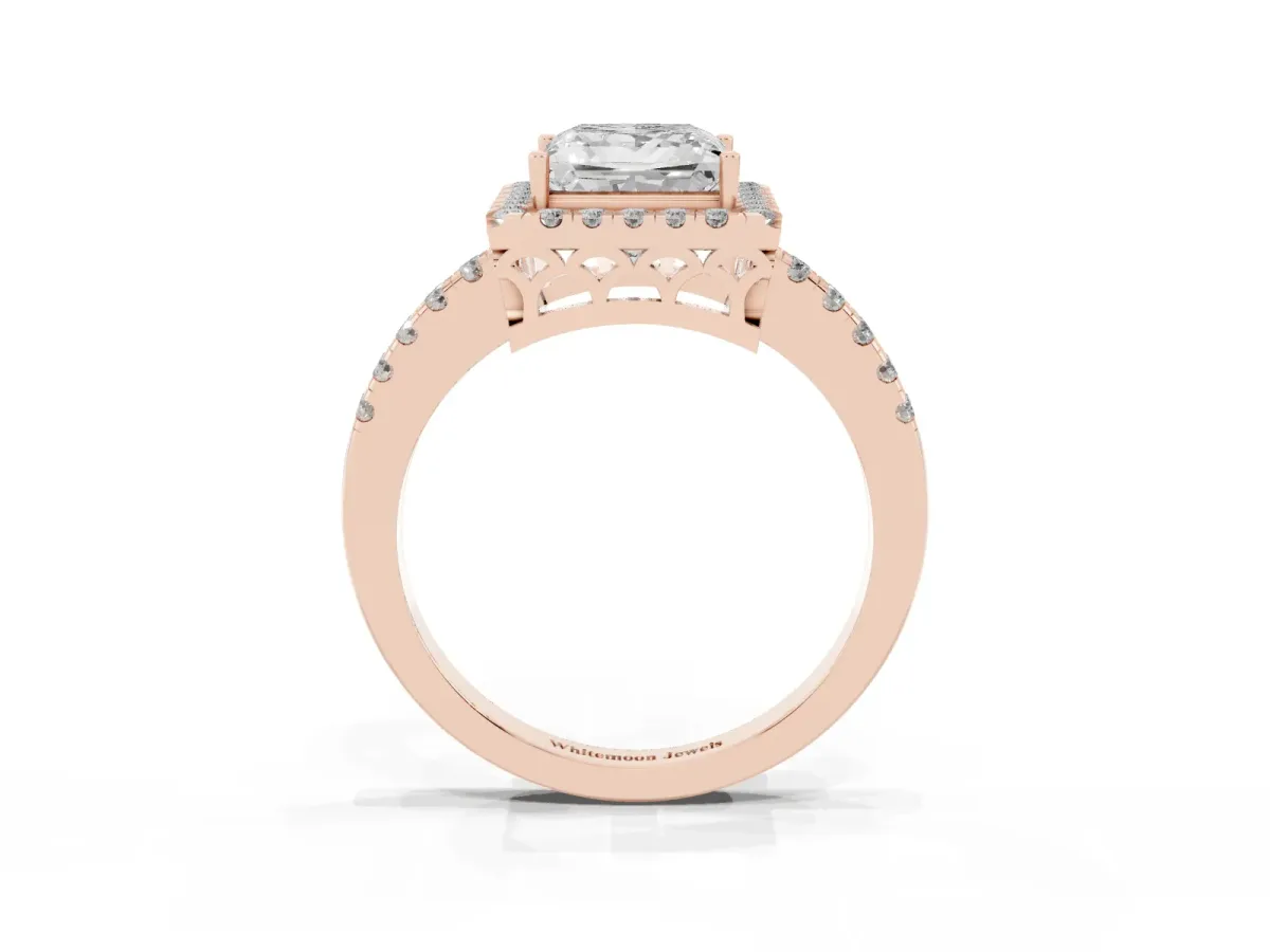 Princess Cut Halo Diamond Engagement Ring with Pavé Band and Four-Prong Setting Rose gold