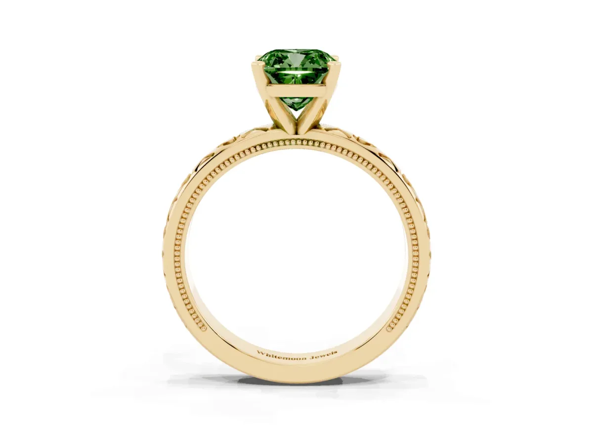 Fancy Green Cushion Cut Solitaire Diamond Engagement Ring with XO Engraved Band and Four-Prong Setting Yellow gold