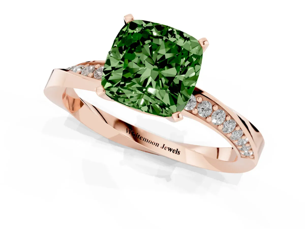 Fancy Green Cushion Cut Diamond Engagement Ring with Side Stone Accents and Four-Prong Setting Rose gold