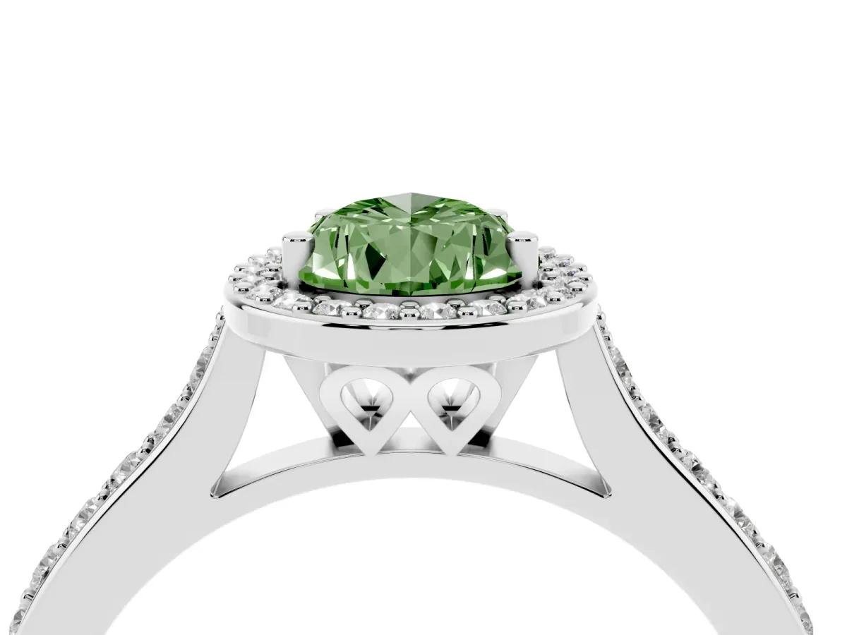 Fancy Green Pear Cut Diamond Halo Engagement Ring with Round Pavé Shoulders and Prong Setting White gold