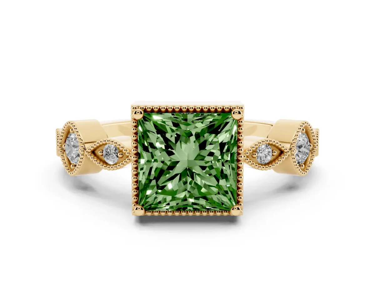 Fancy Green Princess Cut Diamond Vintage Milgrain Ring with Round Stations Yellow gold