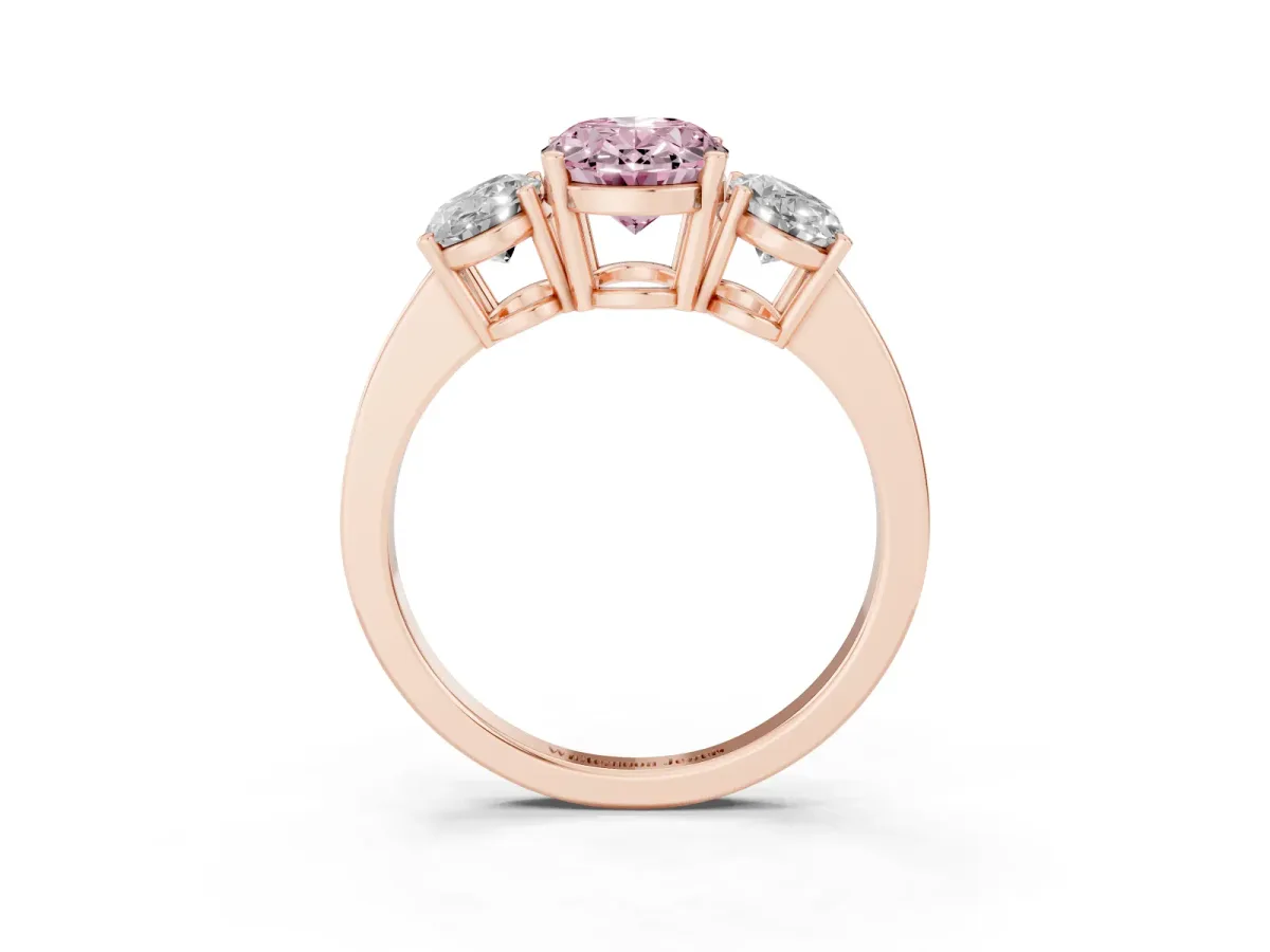 Fancy Pink Three-Stone Oval Cut Cut Diamond Engagement Ring with Flat Band and Four-Prong Setting Rose gold