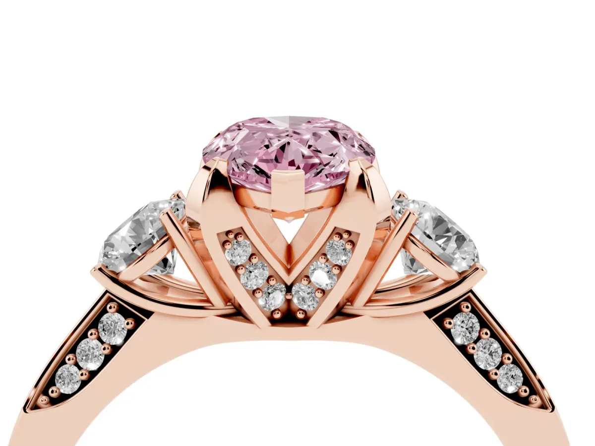 Fancy Pink Pear Cut Brilliant Three-Stone Diamond Ring with Pavé Band and Four-Prong Setting Rose gold