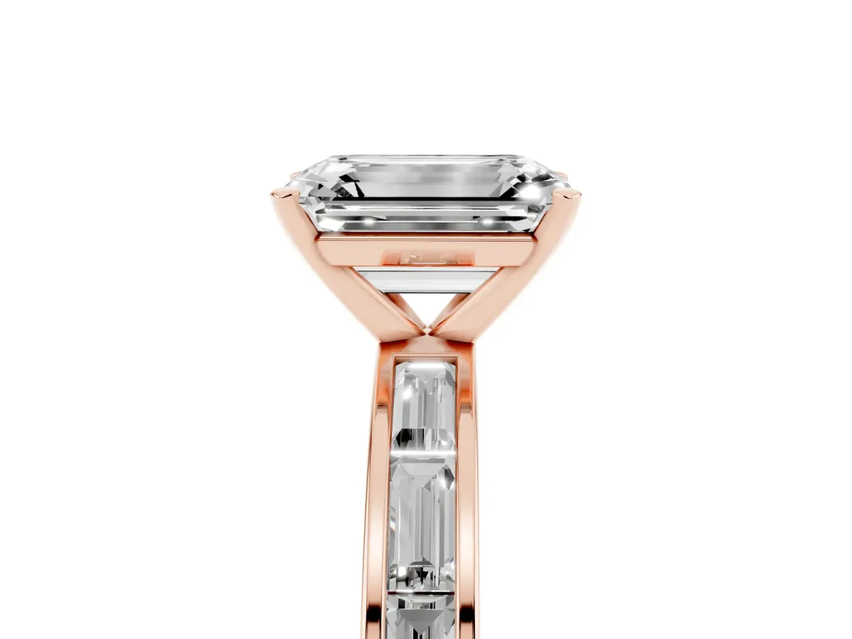 Emerald Cut Solitaire Diamond Ring with Channel-Set Baguette Band and Four-Prong Setting Rose gold