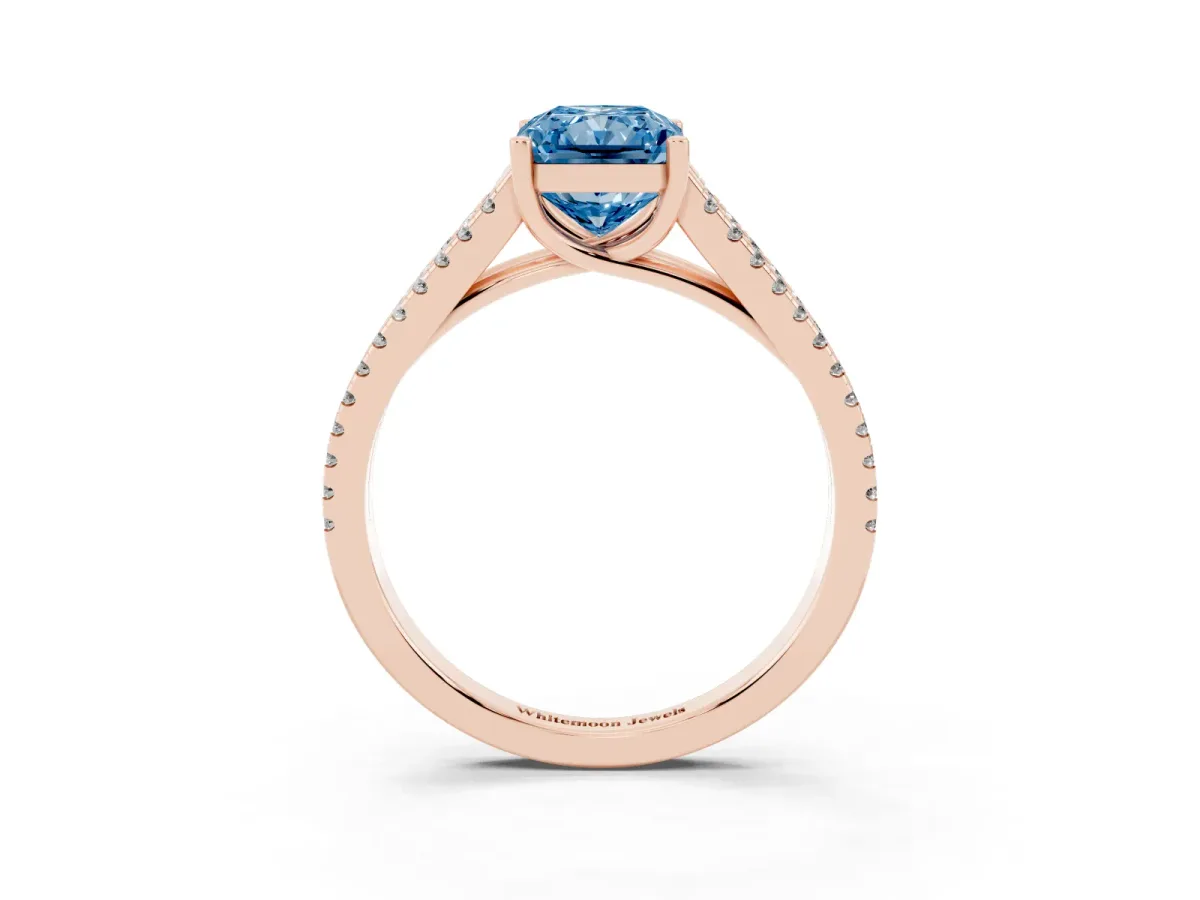 Fancy Blue Radiant Cut Diamond Solitaire Engagement Ring with Split Shank Pavé Band Rose gold