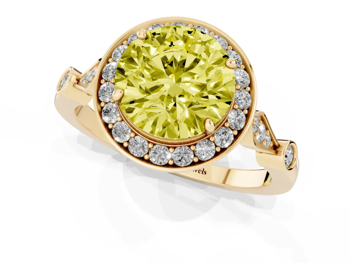 Fancy Yellow Round Cut Halo Diamond Engagement Ring with Twisted Band and Four-Prong Setting Yellow gold