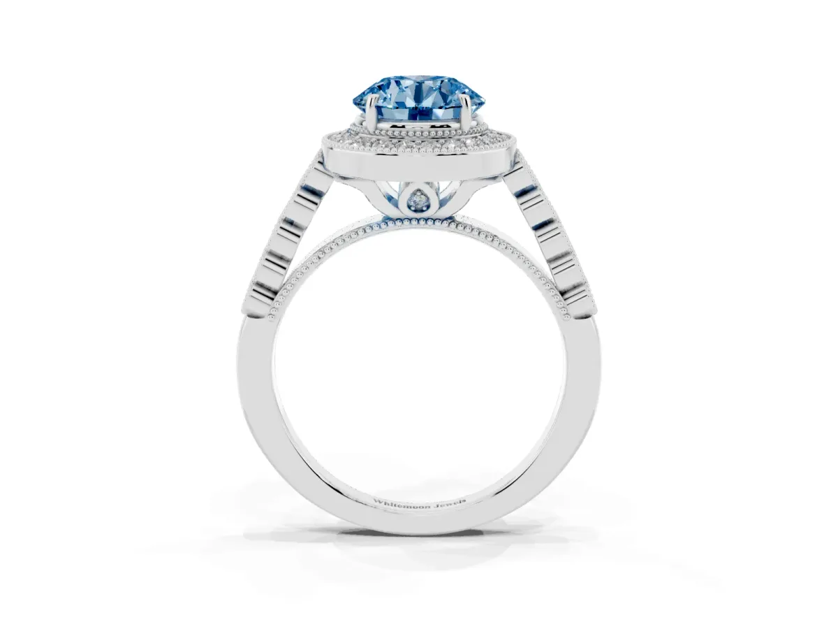 Fancy Blue Round Cut Halo Milgrain Solitaire with Bezel Set Side Stones and Pave Band Silver