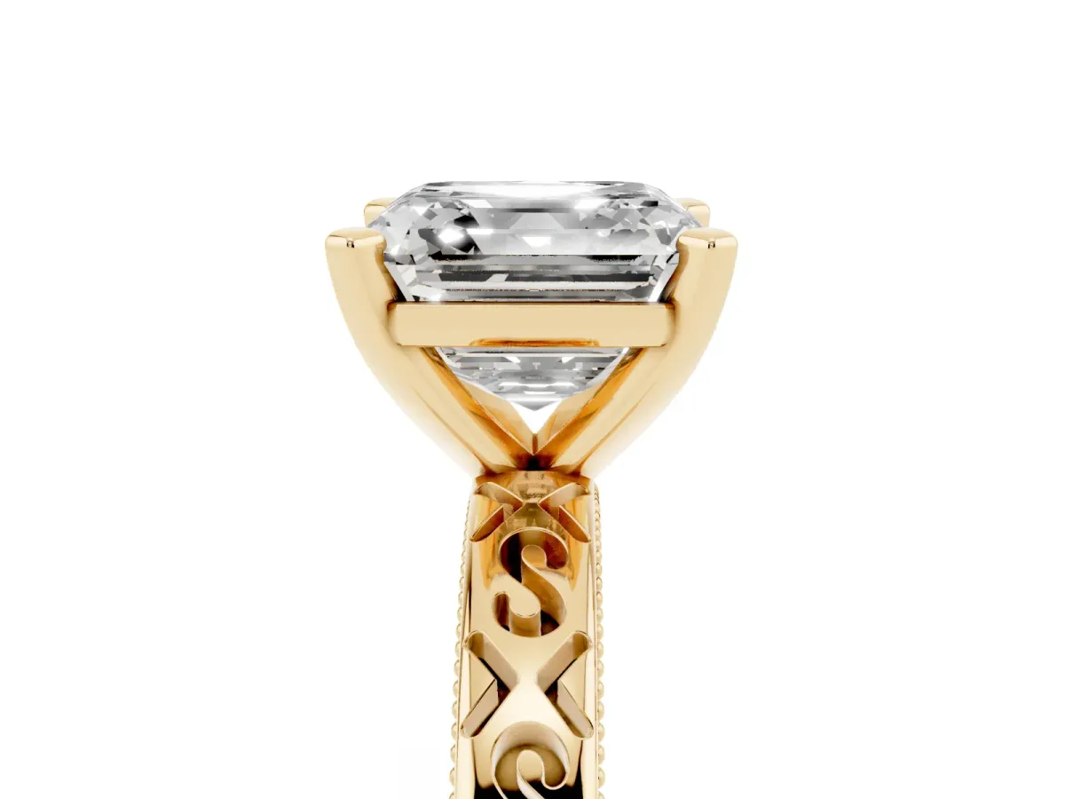 Asscher Cut Solitaire Engagement Ring with Scrollwork Band and Four-Prong Setting Yellow gold
