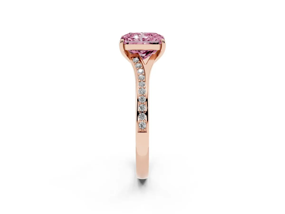 Fancy Pink Radiant Cut Diamond Solitaire Ring with Pavé Band and Prong Setting Rose gold