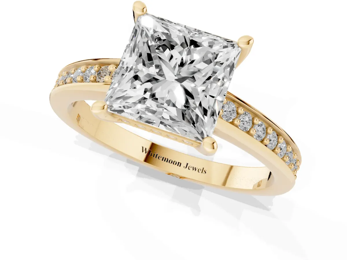 Princess Cut Solitaire Pavé Band Prong Setting Ring Yellow gold