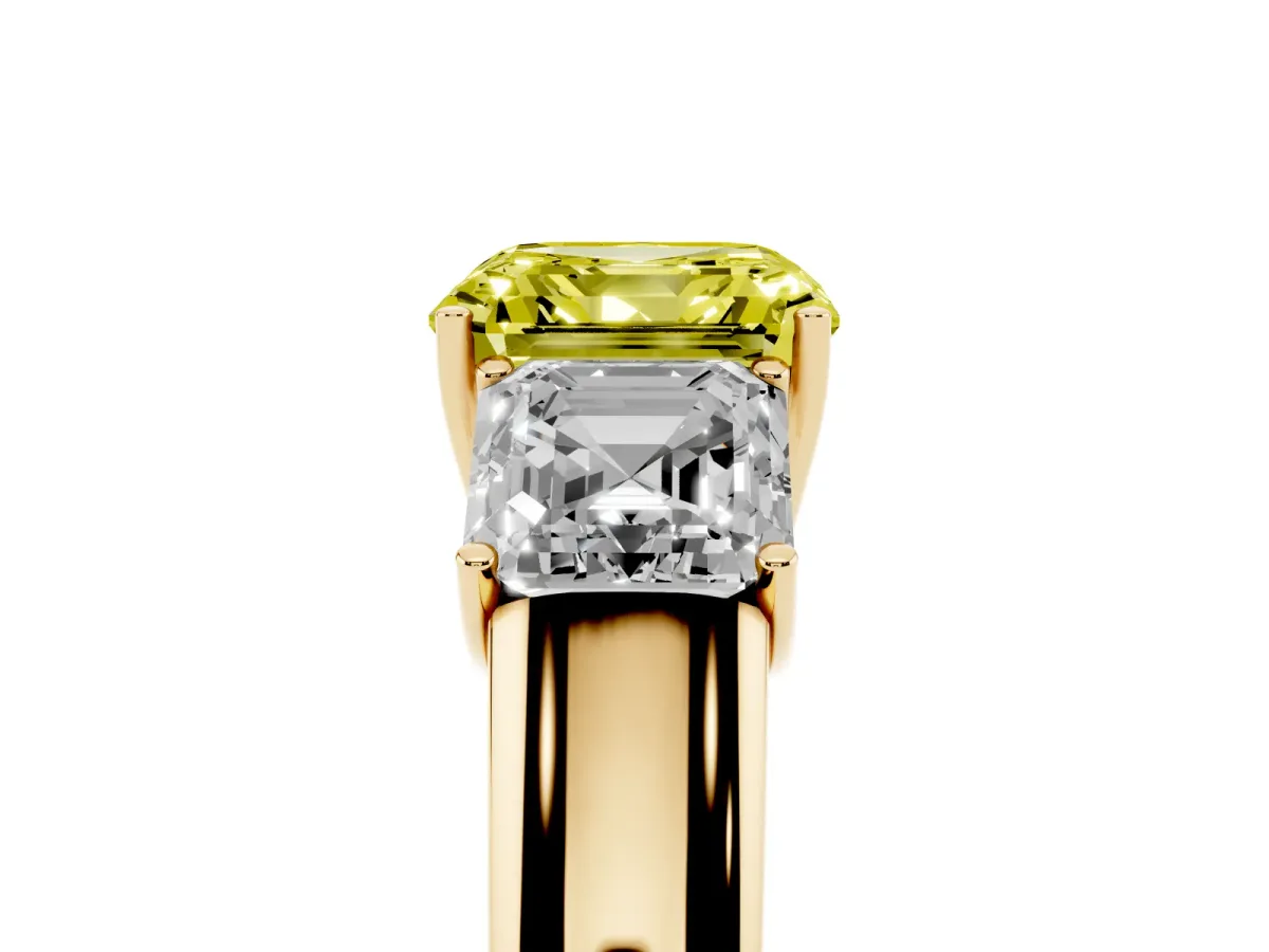 Fancy Yellow Three-Stone Asscher Cut Cut Diamond Ring with Prong Setting and Classic Band Yellow gold