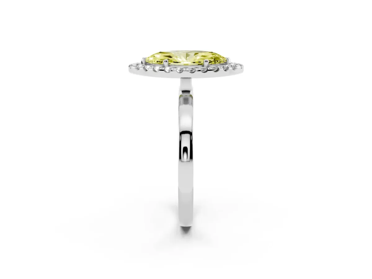 Fancy Yellow Marquise Cut Halo Diamond Solitaire with Pavé Band and Four-Prong Setting White gold