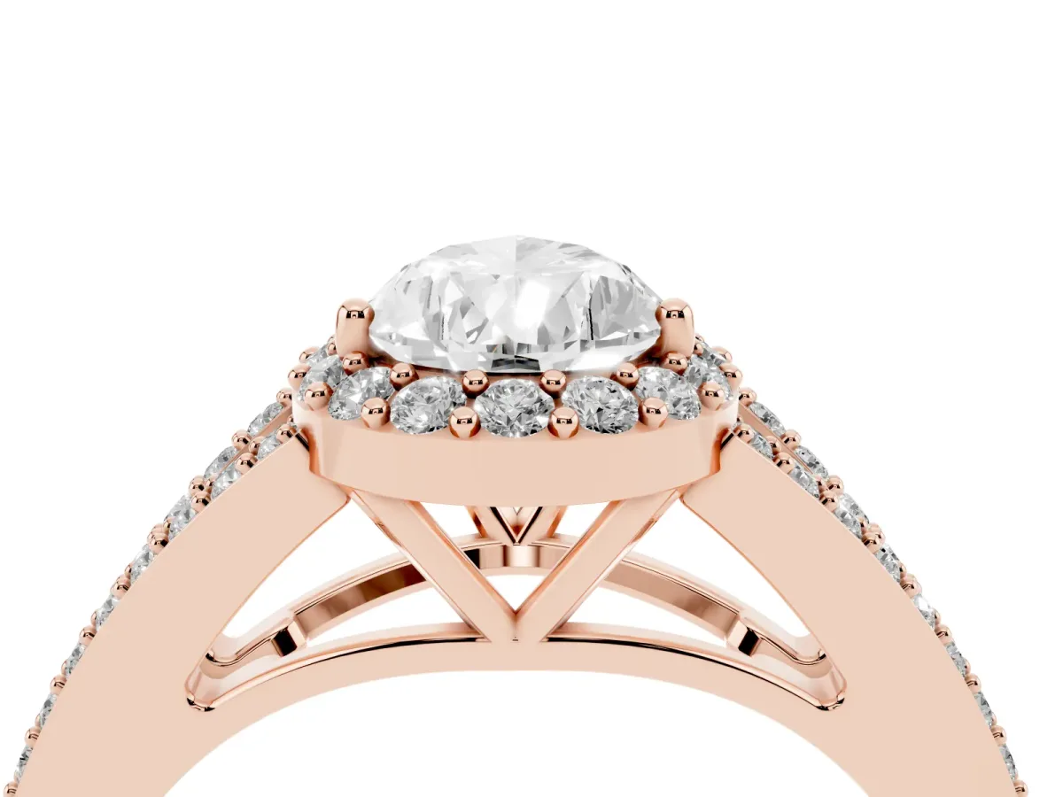 Pear Cut Halo Split Shank Pave Diamond Ring with Four-Prong Setting Rose gold