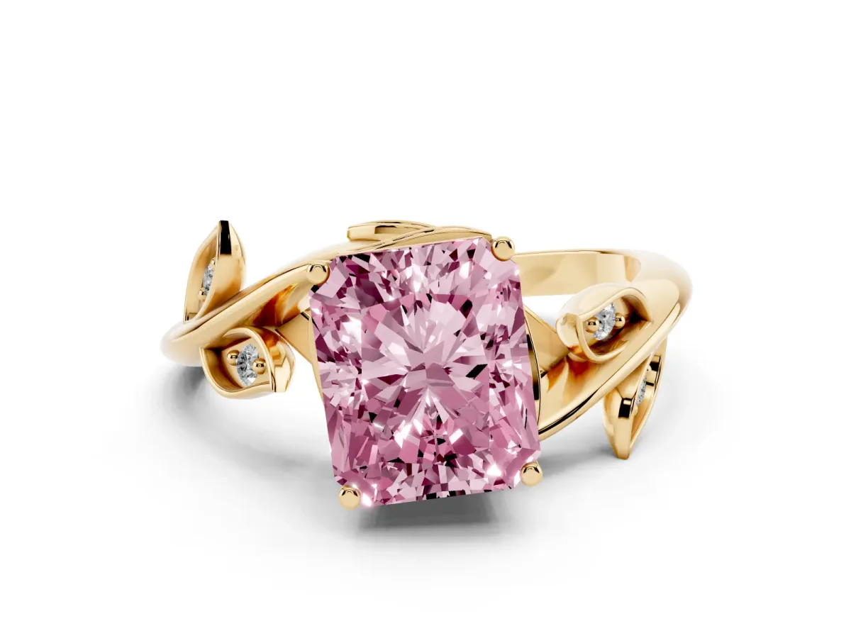 Fancy Pink Radiant Cut Solitaire Twist Engagement Ring with Leaf Accents and Prong Setting Yellow gold