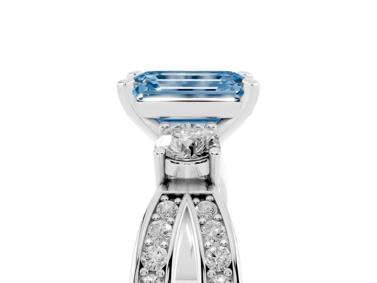Fancy Blue Three-Stone Emerald Cut Cut Diamond Twist Band with Prong Setting Platinum