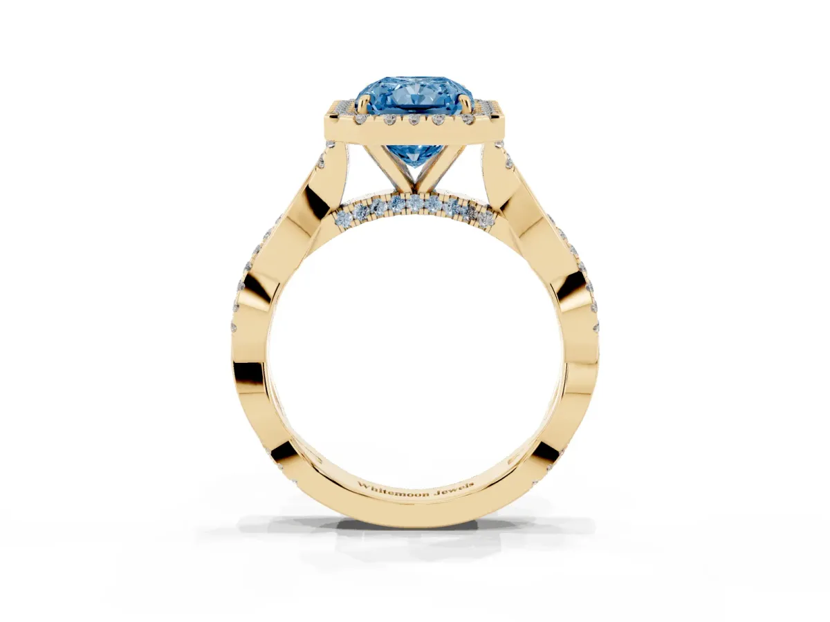 Fancy Blue Radiant Cut Halo Twist Band Solitaire Ring Yellow gold
