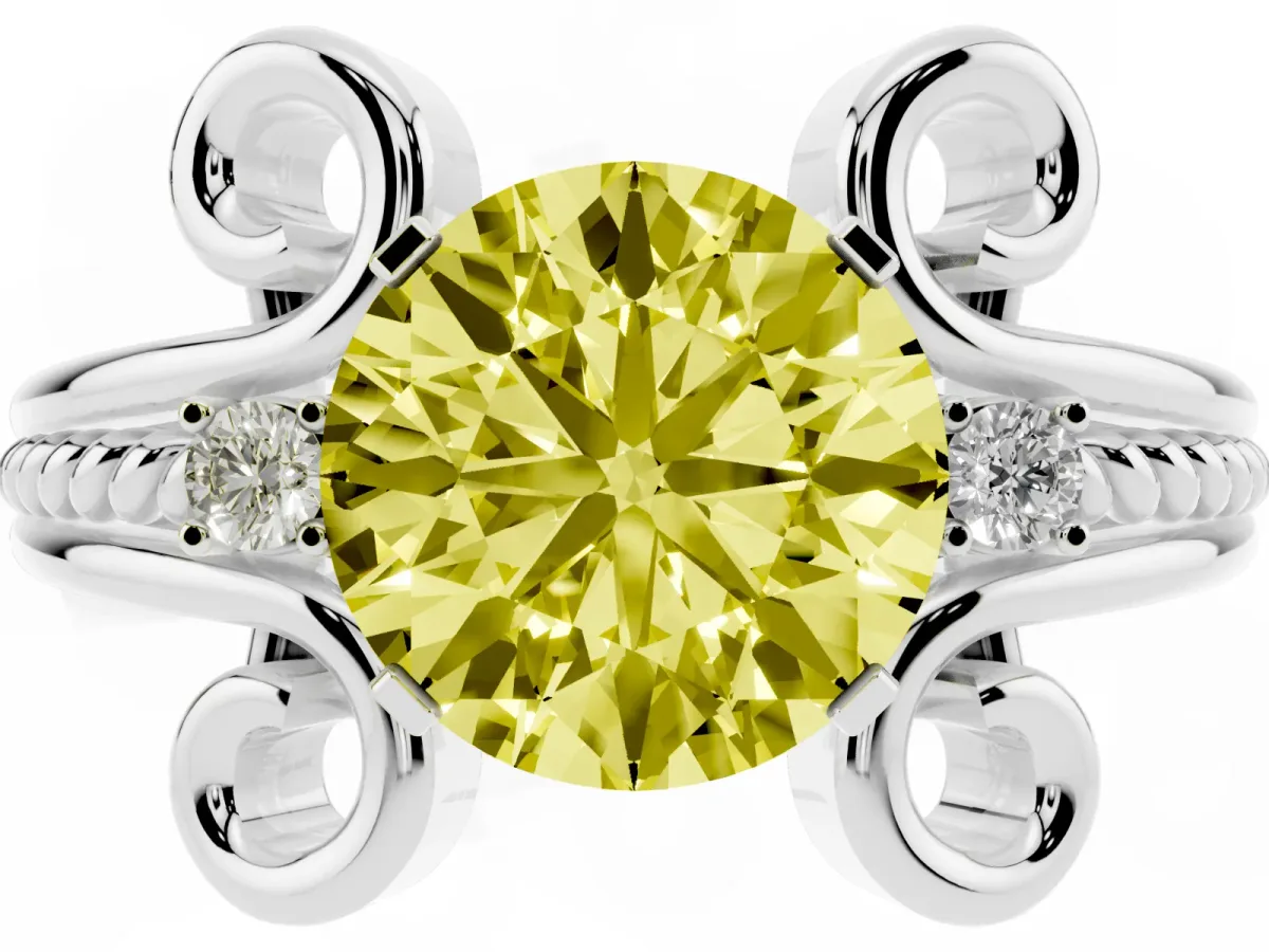 Fancy Yellow Round Cut Solitaire Twisted Band Scroll Prong Ring Silver