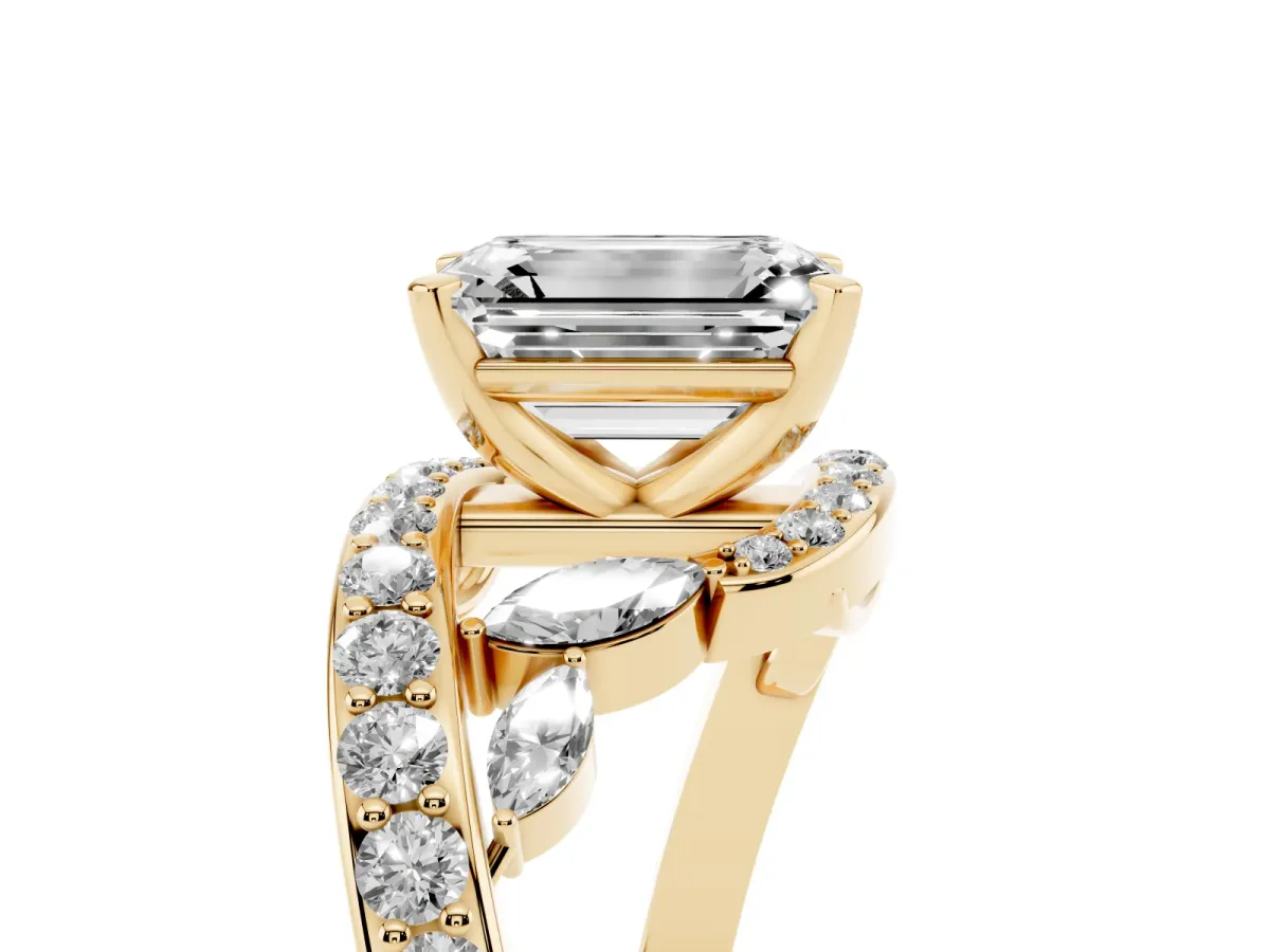Emerald Cut Solitaire with Pavé Twist Band and Four-Prong Setting Yellow gold