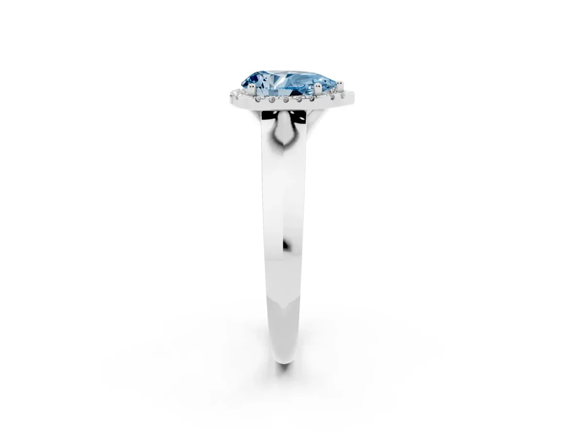 Fancy Blue Pear Cut Halo Diamond Ring with Cathedral Band and Four-Prong Setting White gold