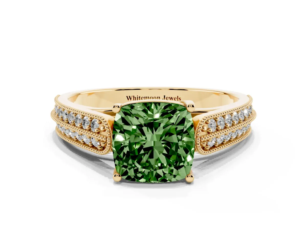 Fancy Green Cushion Cut Cut Pave Split Shank Engagement Ring with Four-Prong Setting Yellow gold