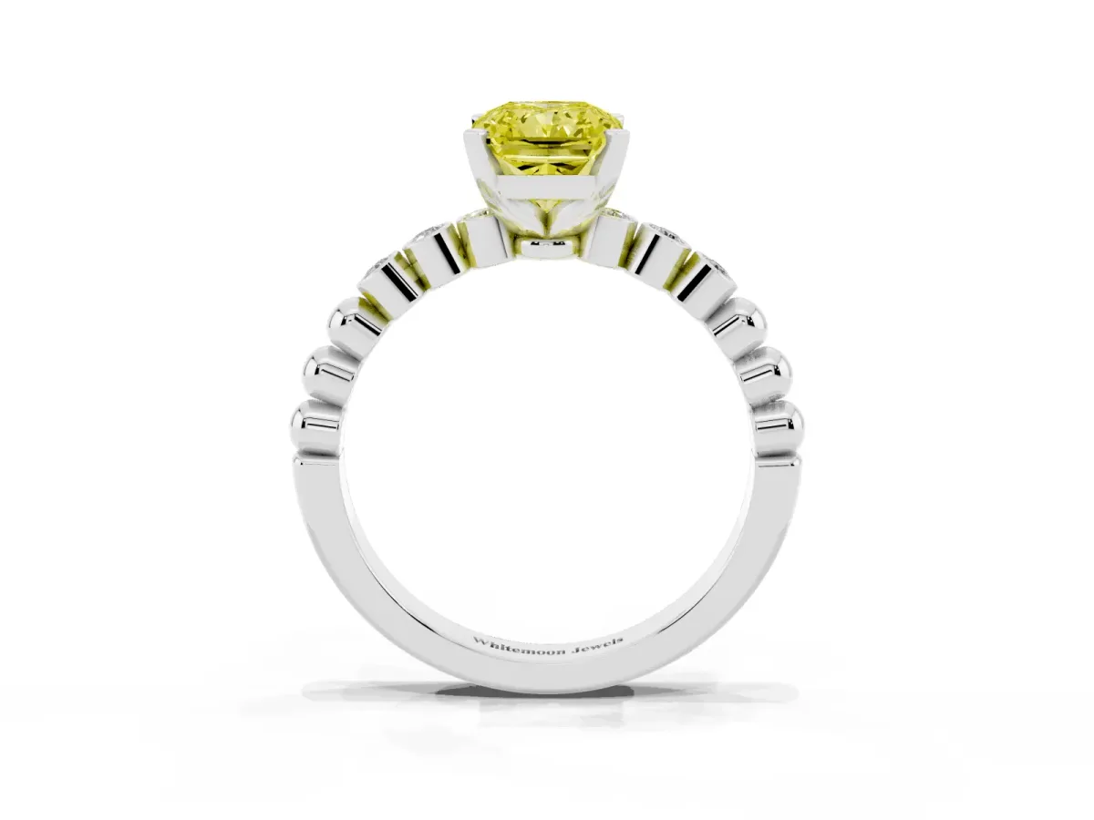 Fancy Yellow Radiant Cut Solitaire Bezel Accent Diamond Engagement Ring with Beaded Band and Four-Prong Setting Silver