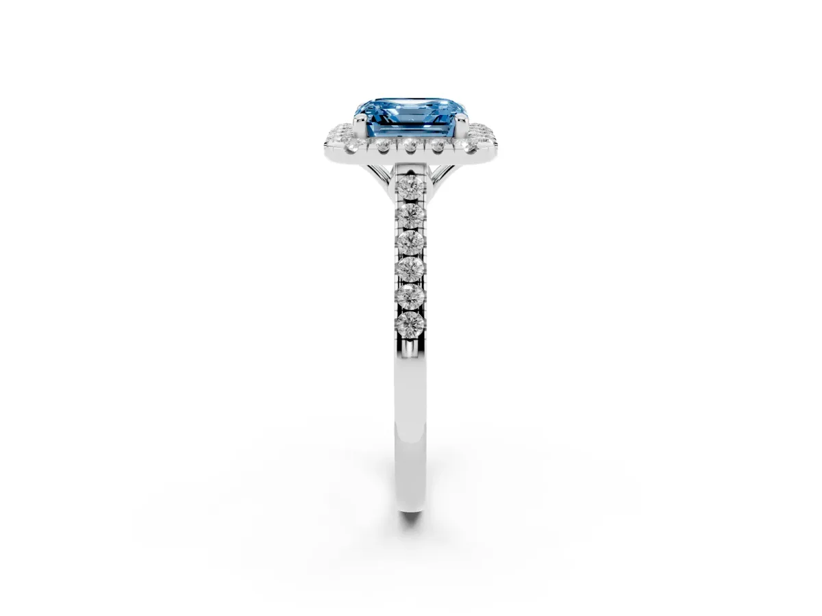 Fancy Blue Asscher Cut Halo Pavé Diamond Engagement Ring with Four-Prong Setting Silver