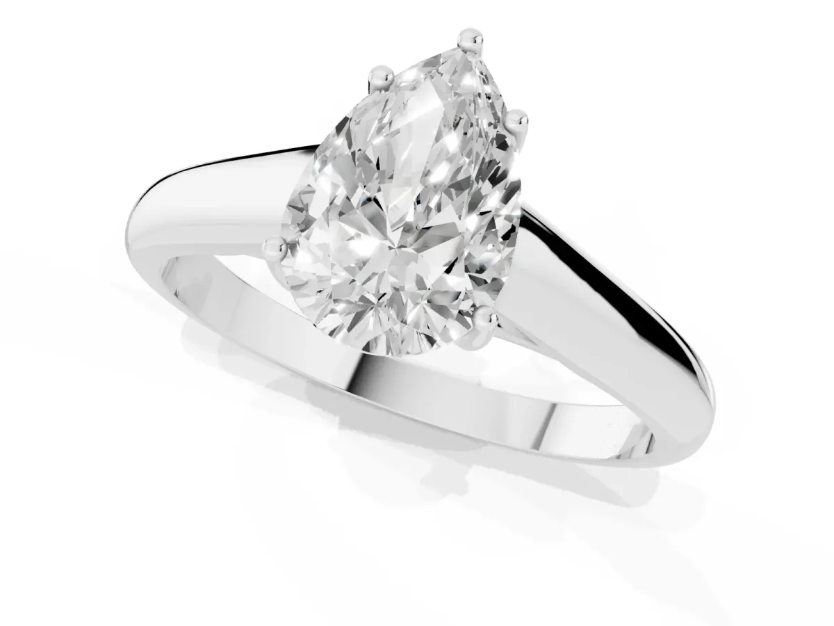 Pear Cut Solitaire Engagement Ring with Tapered Band and Four-Prong Setting White gold