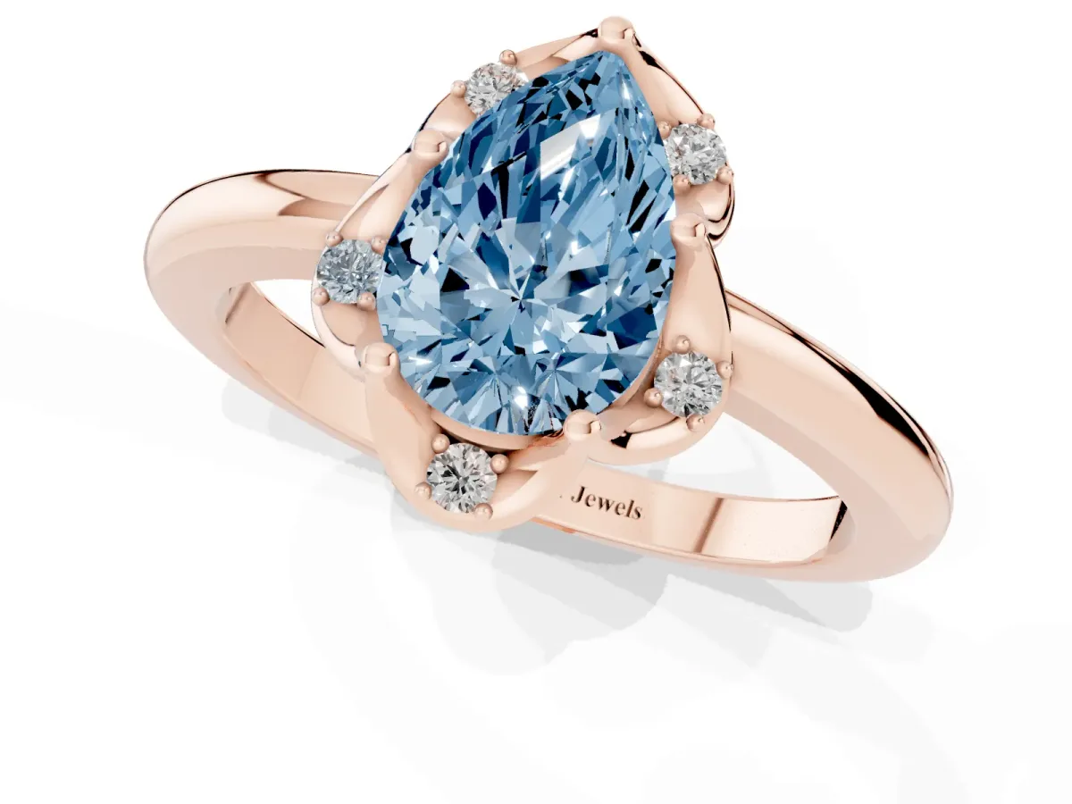Fancy Blue Pear Cut Halo Diamond Ring with Round Cluster Setting, Solitaire Band, and Four-Prong Setting Rose gold