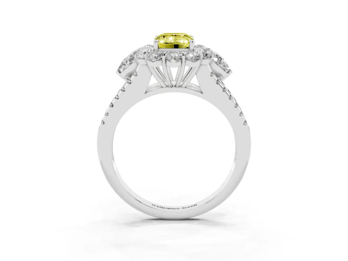 Fancy Yellow Emerald Cut Halo Split Shank Diamond Engagement Ring with Prong Setting Platinum
