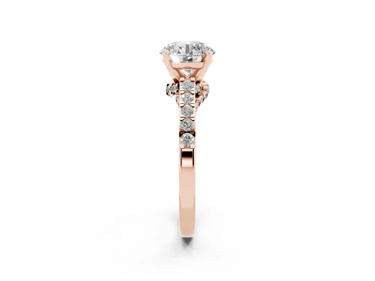 Round Cut Diamond Solitaire Ring with Crossover Gallery and Round Pavé Band Rose gold