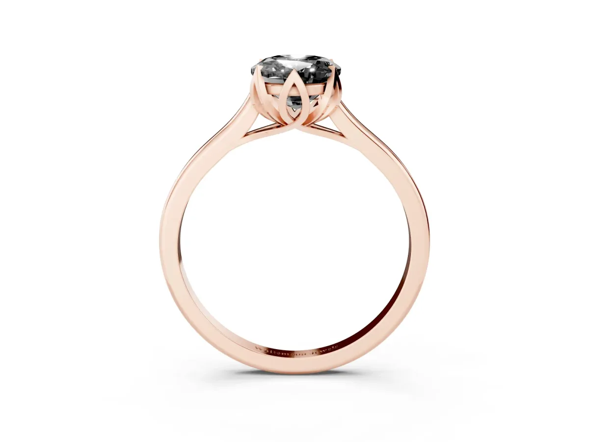 Fancy Black Oval Cut Diamond Solitaire Ring with Flower Prong Setting and Classic Band Rose gold