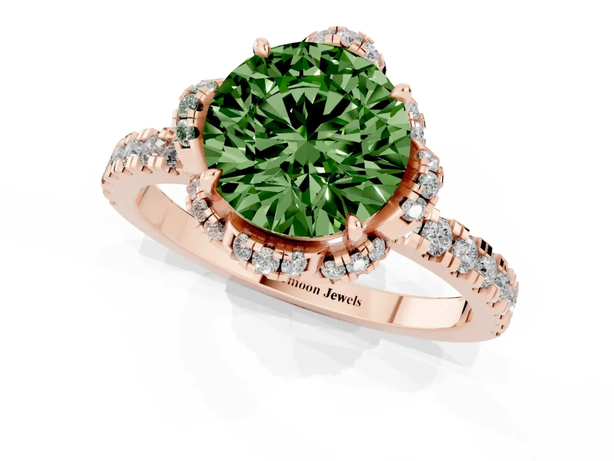 Fancy Green Round Cut Halo Diamond Pave Band Ring with Four-Prong Setting Rose gold