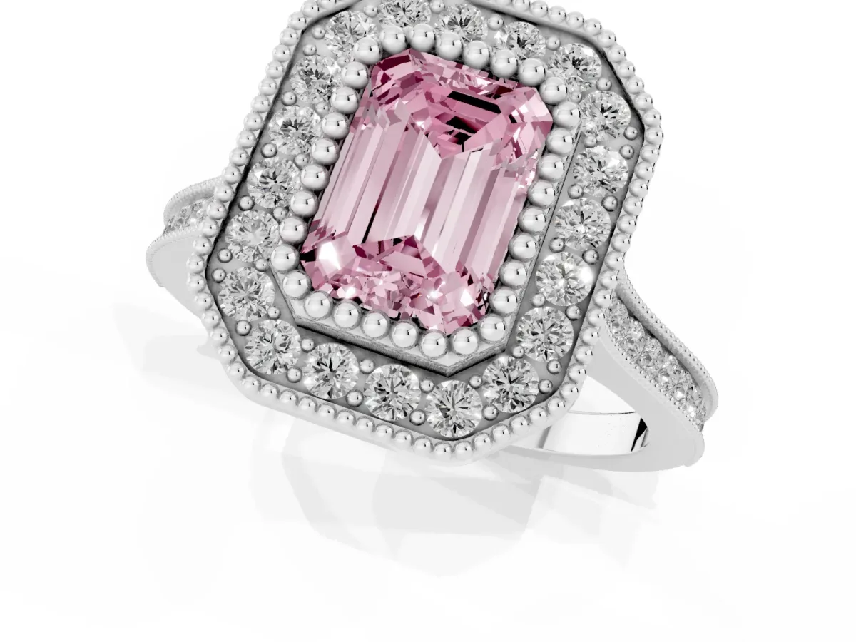 Fancy Pink Emerald Cut Diamond Halo Ring with Milgrain Frame and Pavé Band Silver