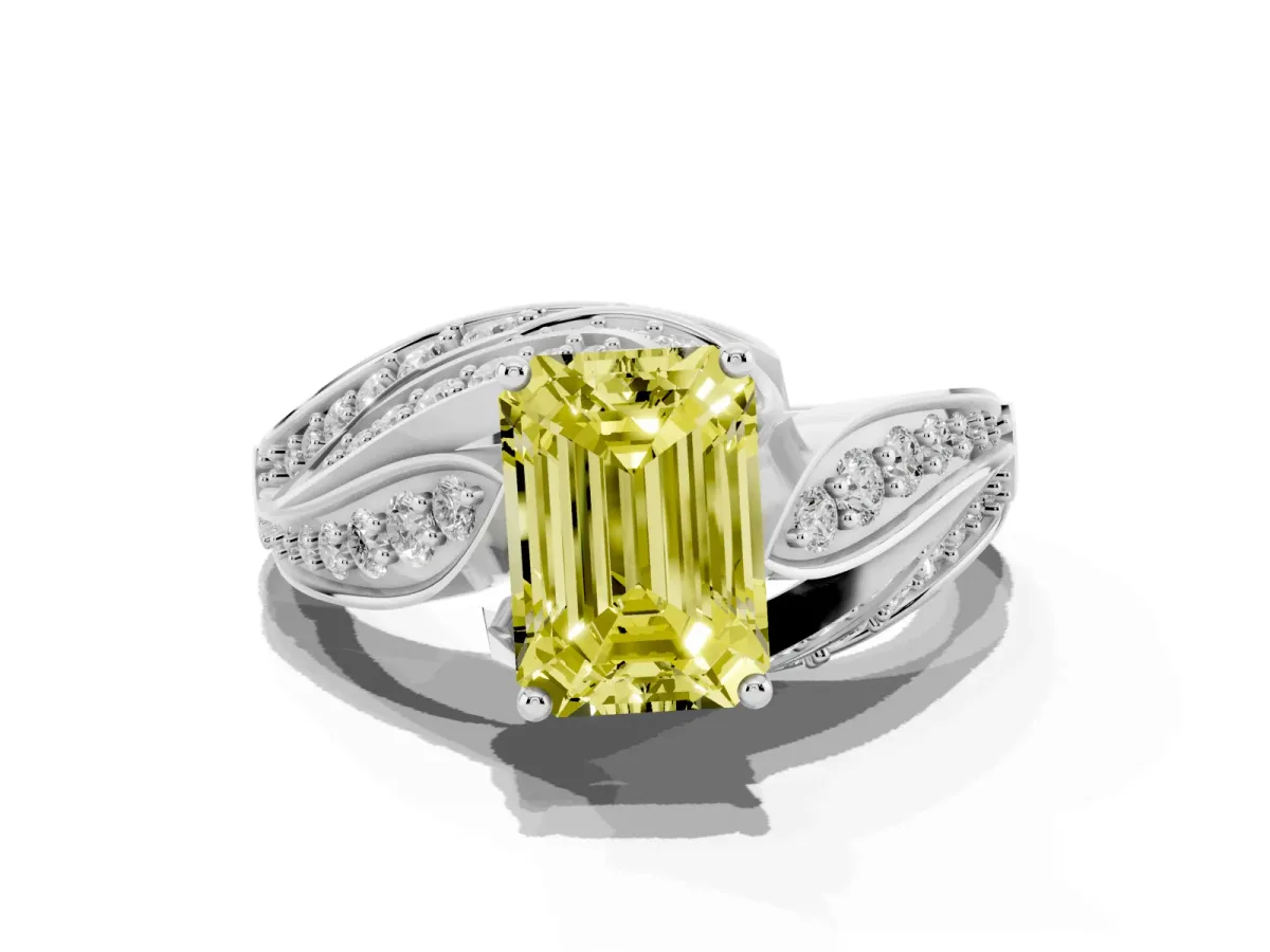 Fancy Yellow Emerald Cut Diamond Solitaire Ring with Prong Setting and Twisted Pavé Band Silver