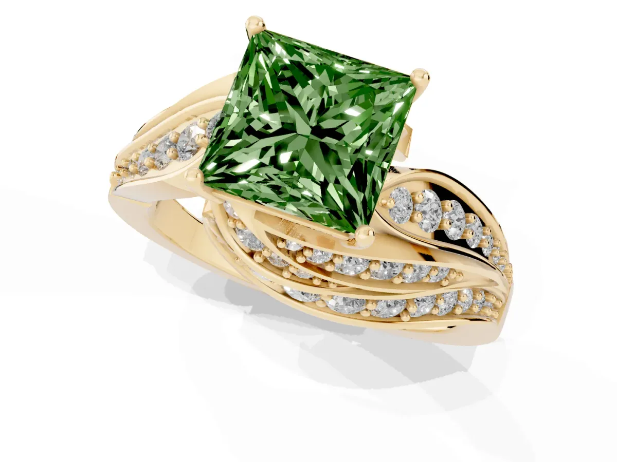 Fancy Green Princess Cut Diamond Solitaire Ring with Prong Setting and Twisted Pavé Band Yellow gold