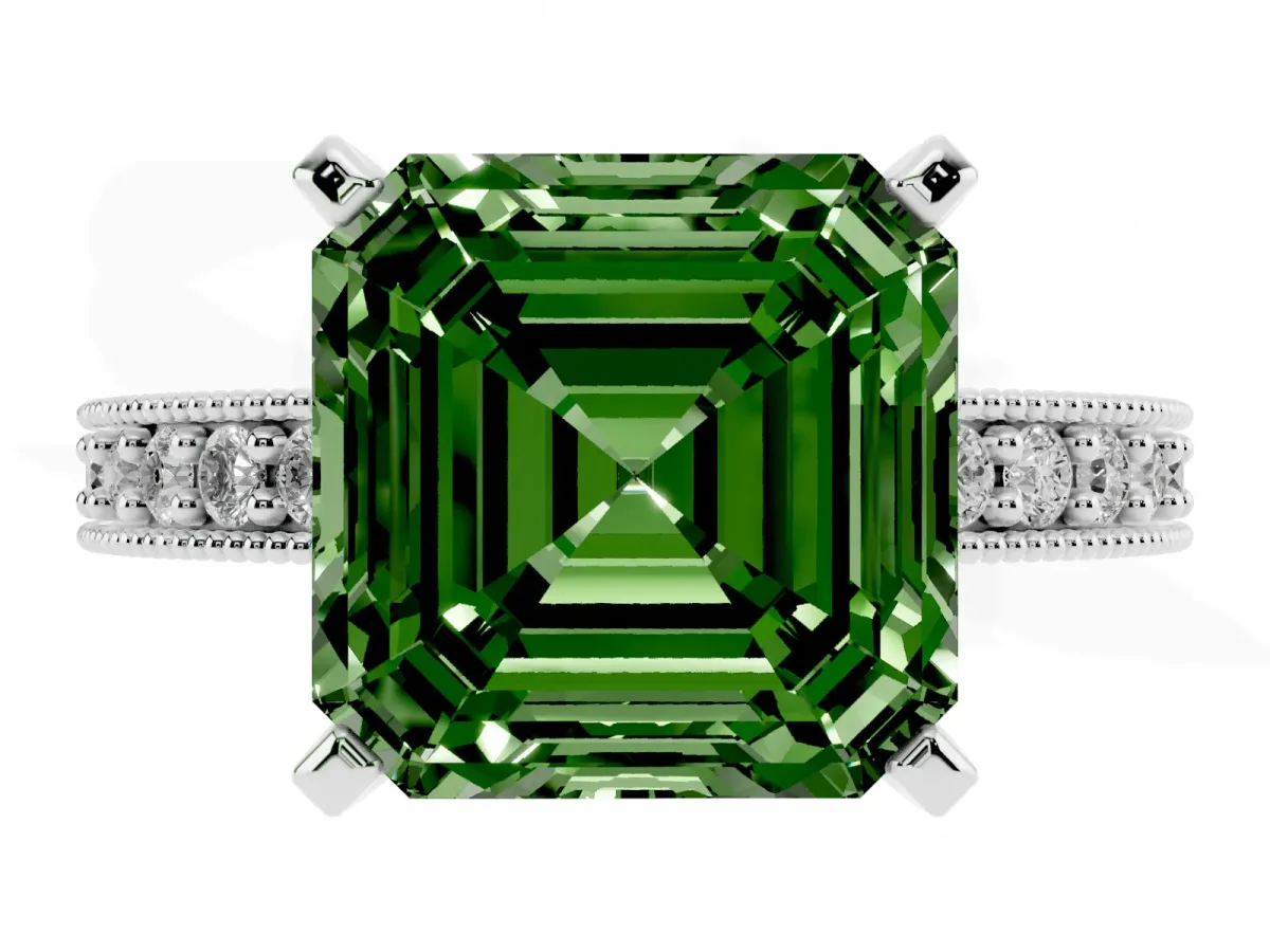 Fancy Green Asscher Cut Diamond Milgrain Pavé Engagement Ring with Four-Prong Setting Silver
