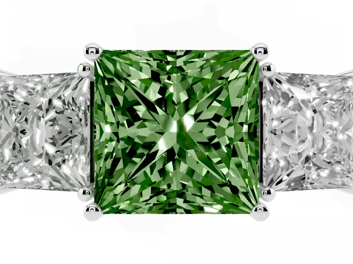 Fancy Green Three-Stone Princess Cut Cut Diamond Engagement Ring with Flat Band and Four-Prong Setting White gold