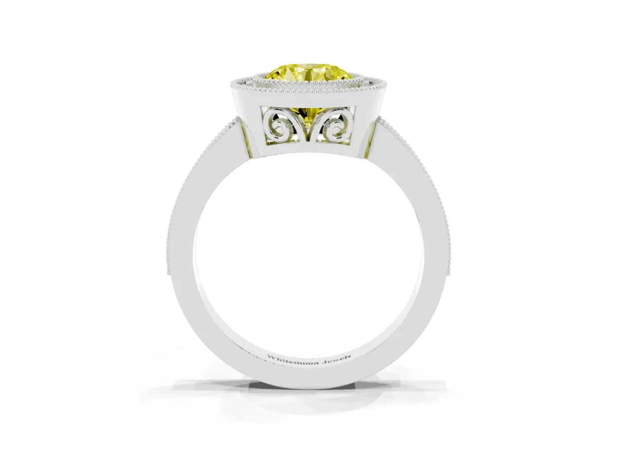 Fancy Yellow Round Cut Cut Halo Diamond Ring with Pavé Band and Milgrain Prong Setting White gold