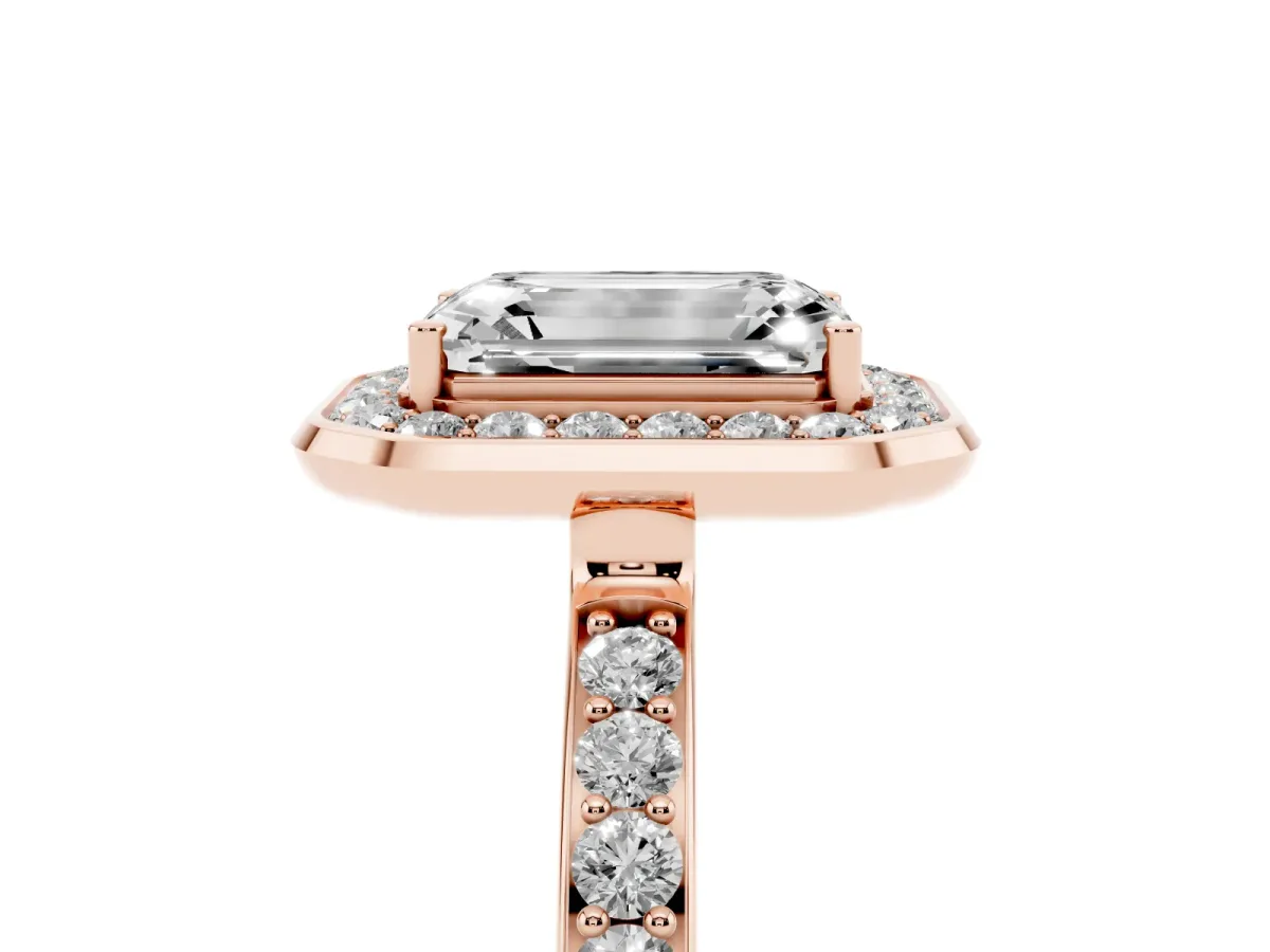 Emerald Cut Diamond Halo Ring with Bezel Frame and Pavé Band Rose gold