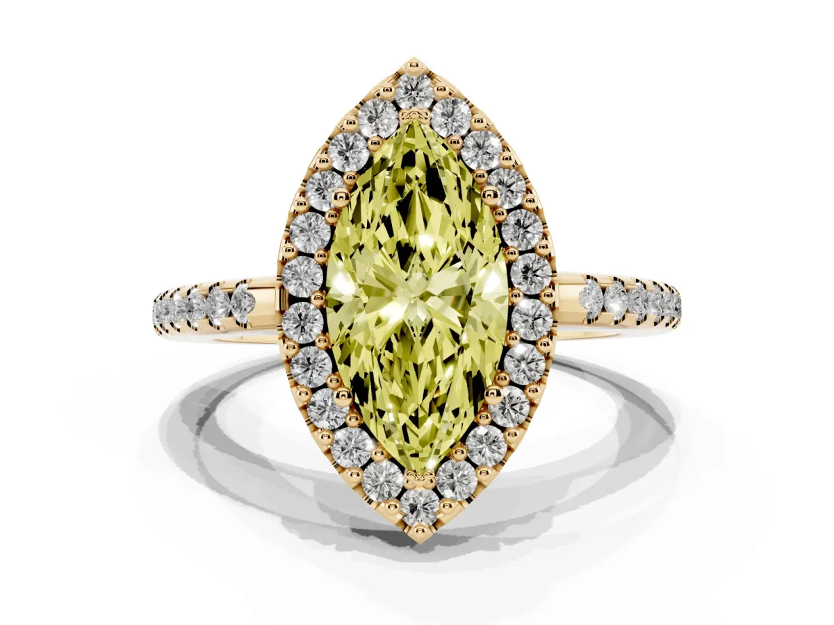 Fancy Yellow Marquise Cut Diamond Pavé Halo Ring with Four-Prong Setting Yellow gold