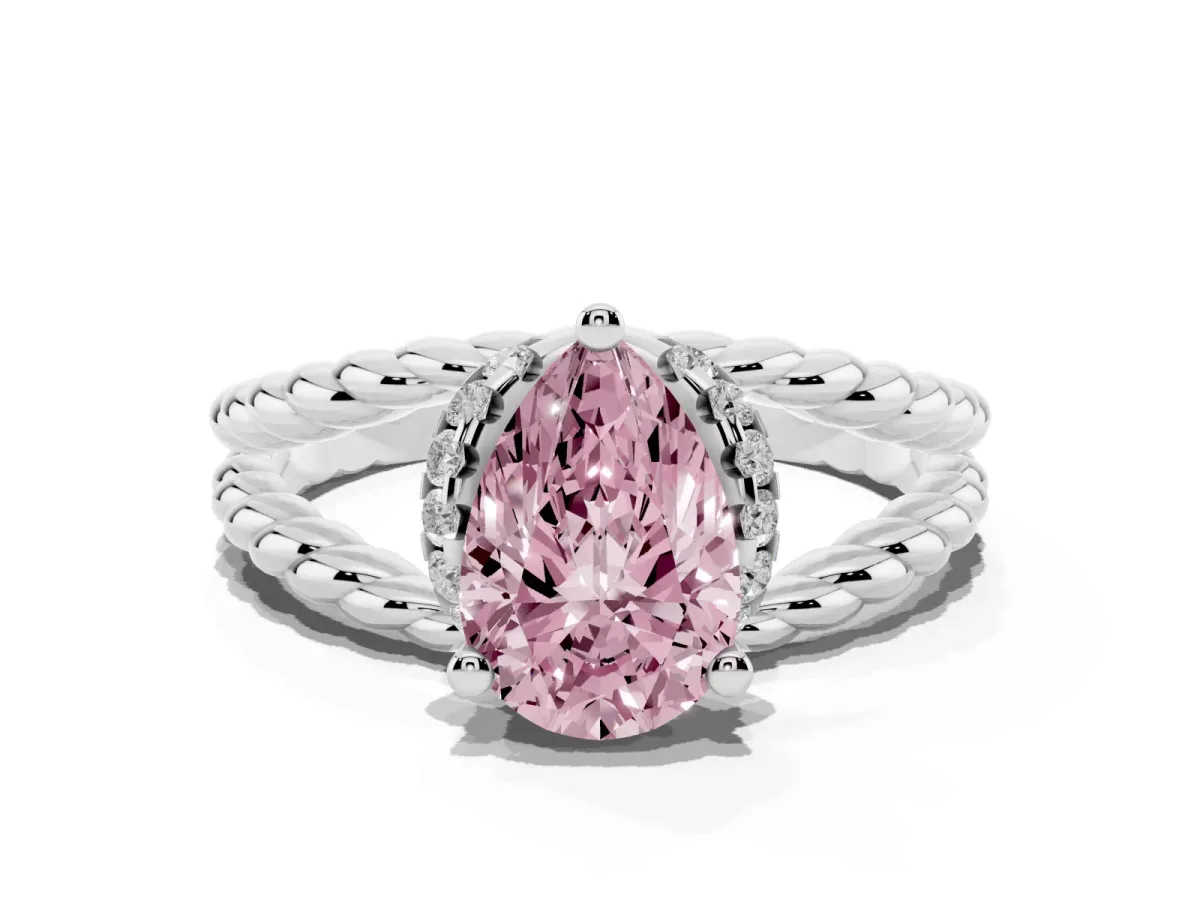Fancy Pink Pear Cut Halo Twisted Band Four-Prong Ring Silver