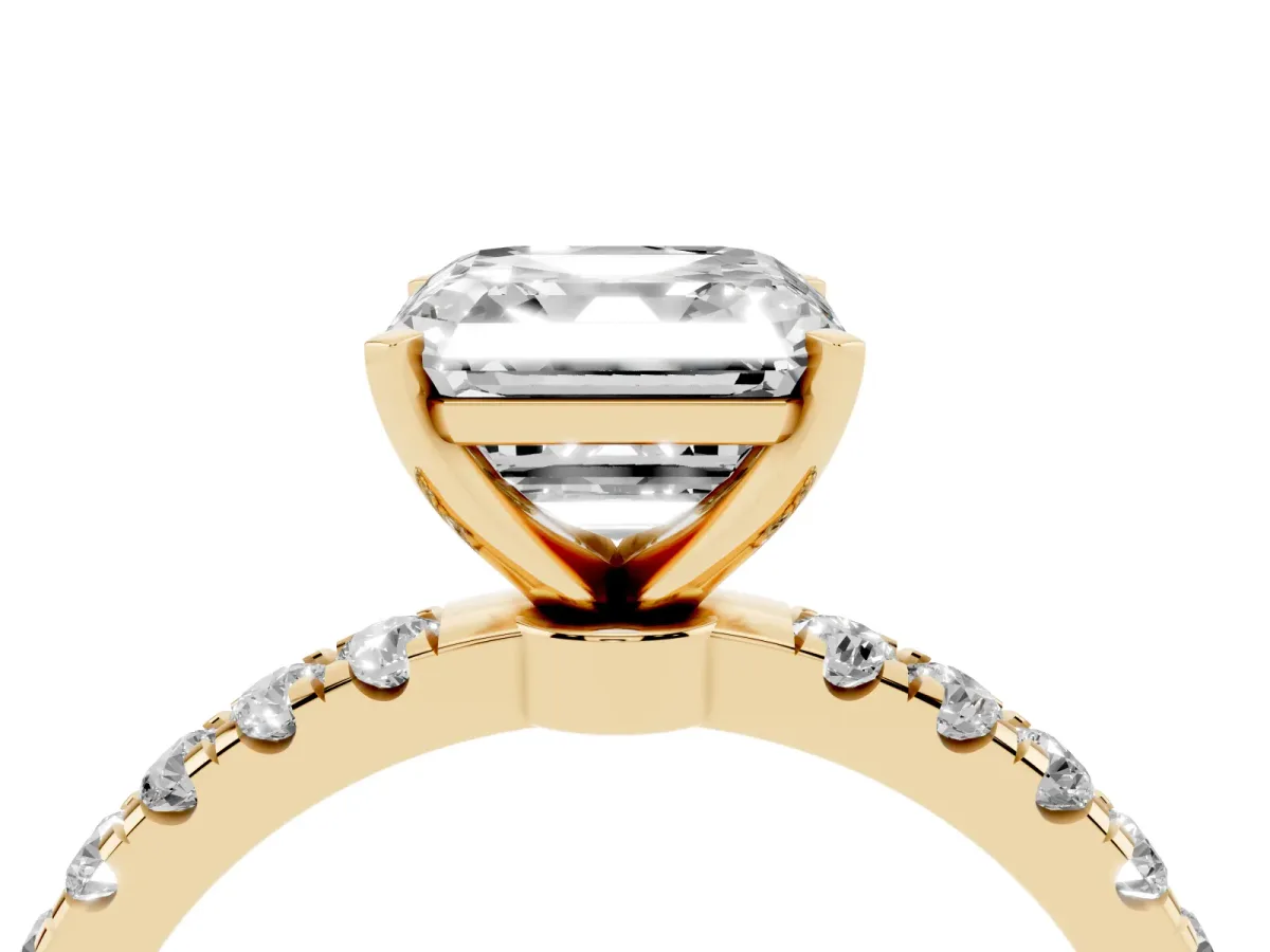 Asscher Cut Diamond Solitaire Ring with Pavé Accents and Four-Prong Setting Yellow gold