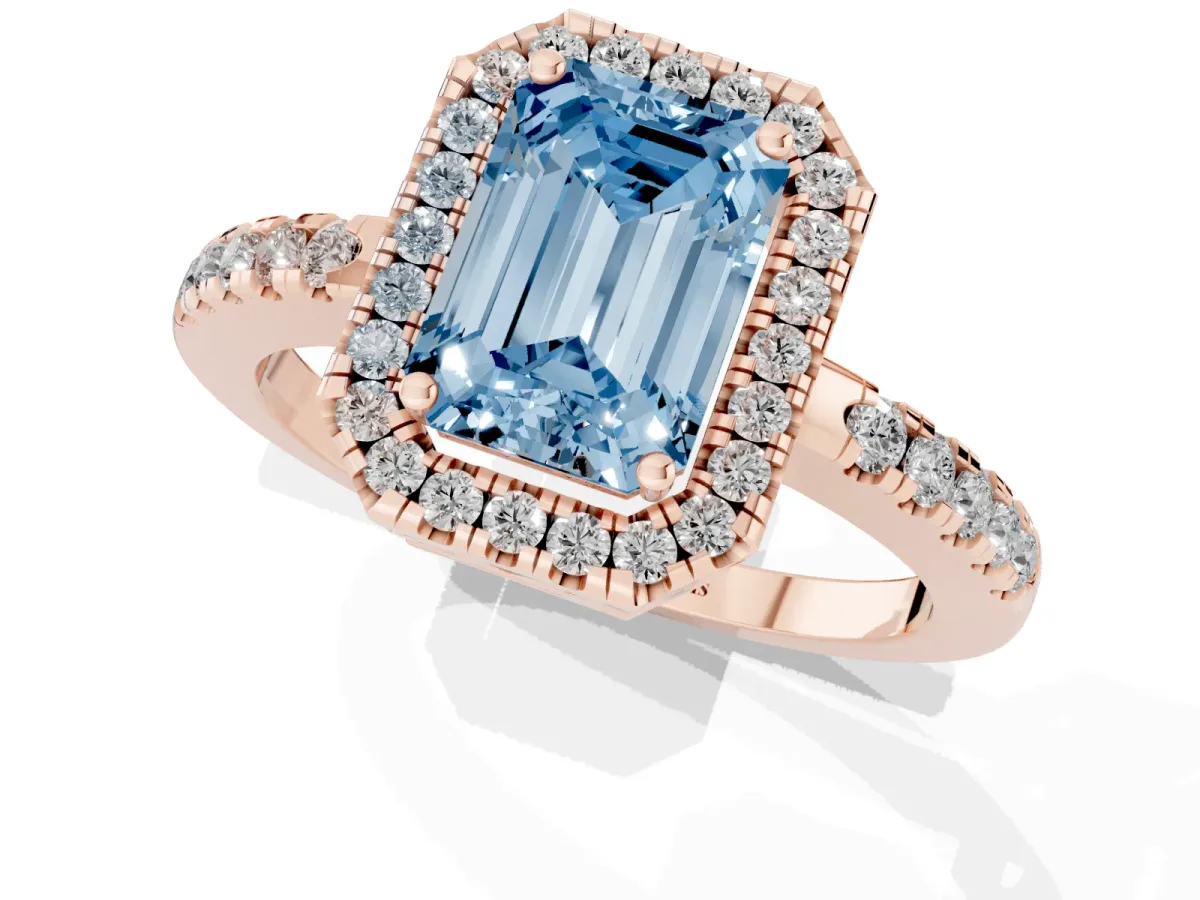 Fancy Blue Emerald Cut Halo Diamond Engagement Ring with Pavé Band and Four-Prong Setting Rose gold