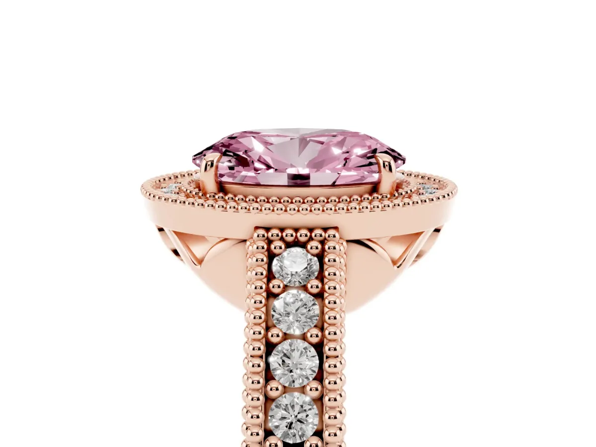 Fancy Pink Oval Cut Cut Halo Diamond Ring with Pavé Band and Four-Prong Setting Rose gold