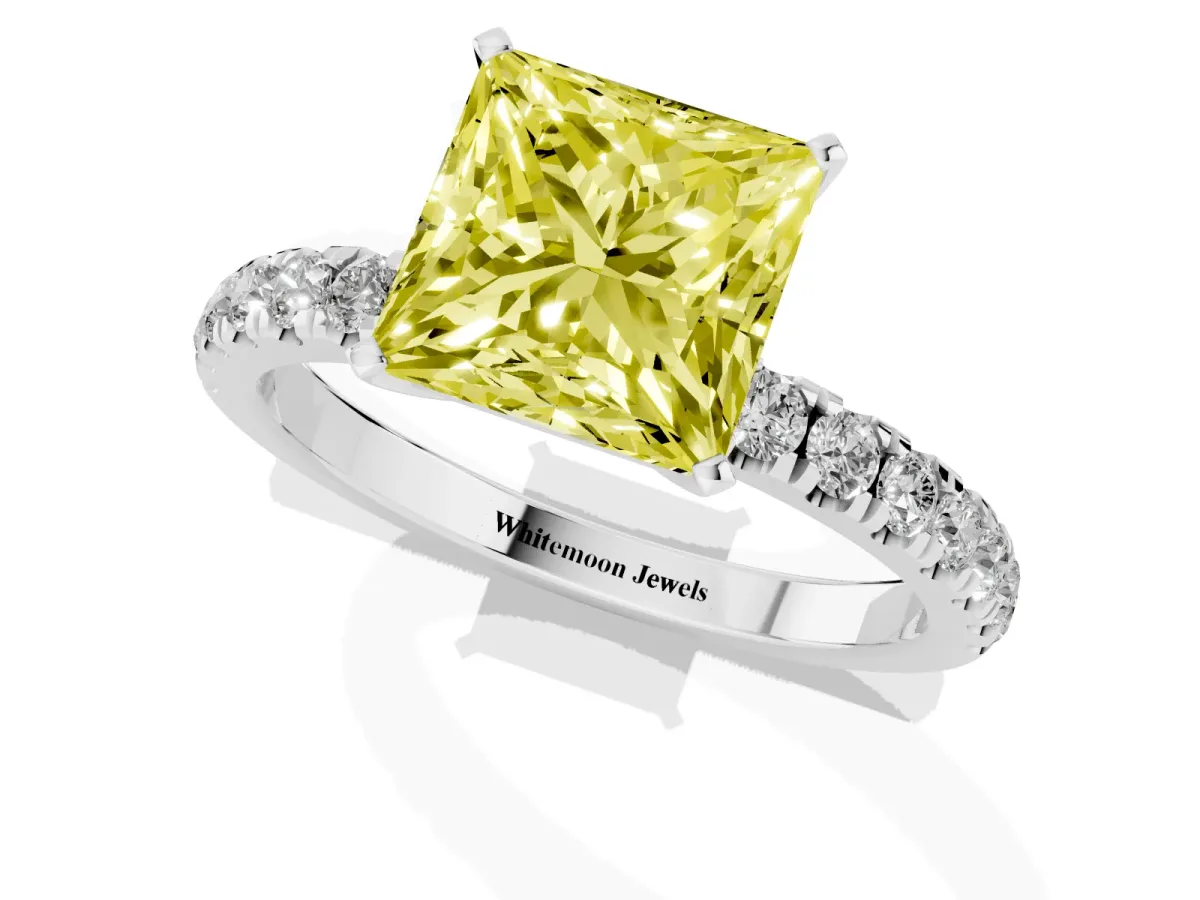 Fancy Yellow Princess Cut Diamond Solitaire Ring with Pavé Accents and Four-Prong Setting Platinum