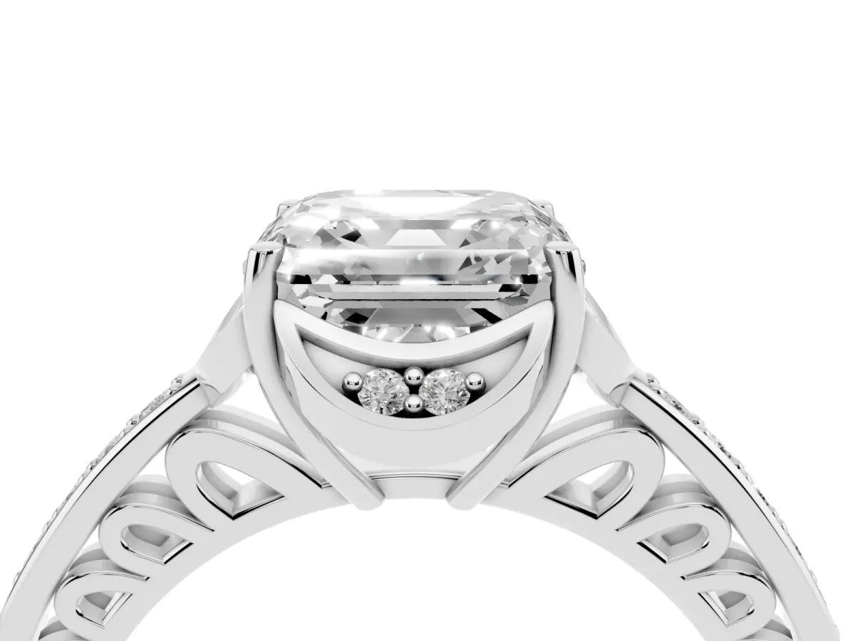 Asscher Cut Cut Halo Diamond Ring with Channel Set Band and Four-Prong Setting White gold